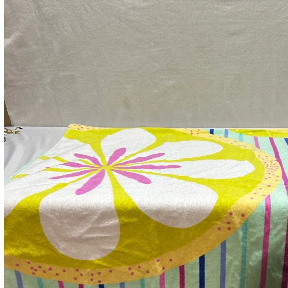 Vera Bradley Beach Towel Floating Blossoms Cotton Blue Green Stripe‎ Lemon NEW